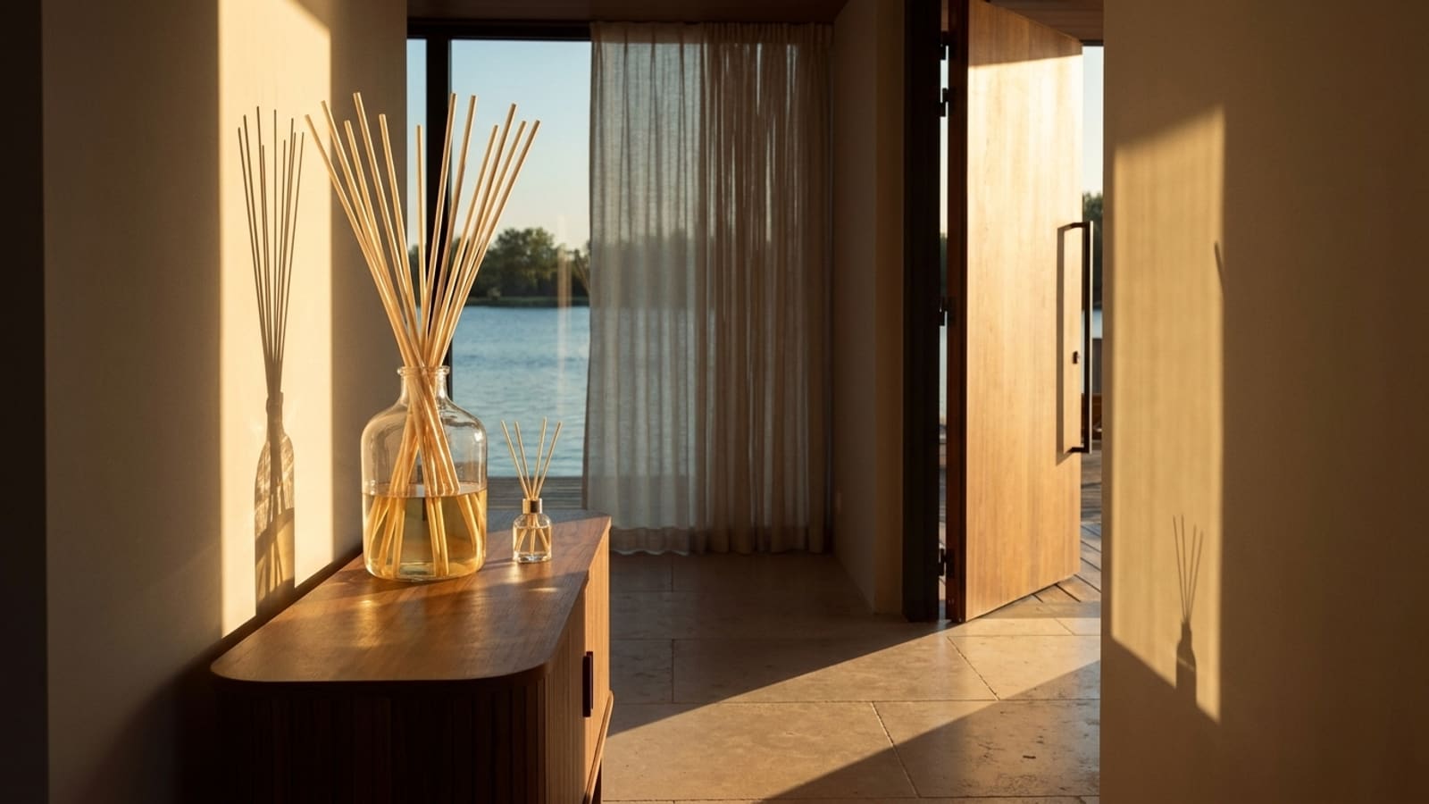 A tall clear glass bottle of pale amber liquid with a wide fan of many thin pale reeds on a dark wooden sideboard in a sunlit hallway, a small bottle with a few reeds beside it, a sheer curtain, an open wooden door, a stone floor and water through the window behind