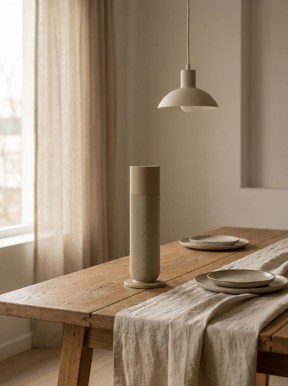 A Scentech diffuser on an oak dining table with a linen runner, under a pendant lamp