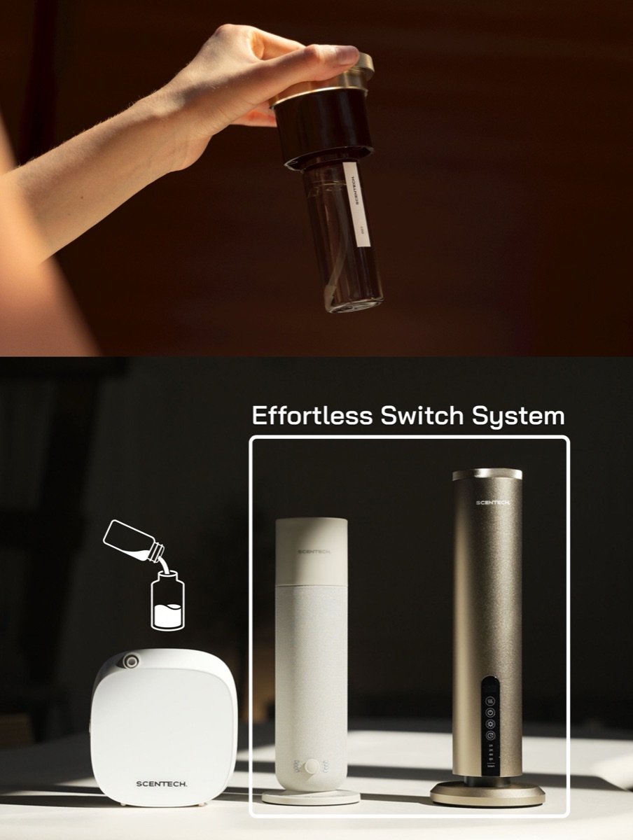 A hand holding a Scentech ScentPod bottle above a diagram contrasting a diffuser that must be filled by pouring with two models that take a click-in pod