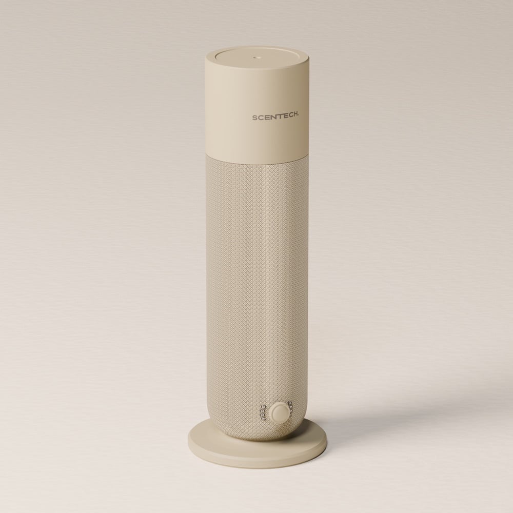 The Scentech Smart Aroma Diffuser 2 in taupe fabric with an aluminium top